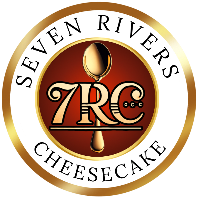 Seven Rivers Cheesecake logo featuring ‘7RC’ in gold on a rich red background with a stylized gold spoon, framed in a gold circle. Logo for luxury cheesecake brand based in Jamaica